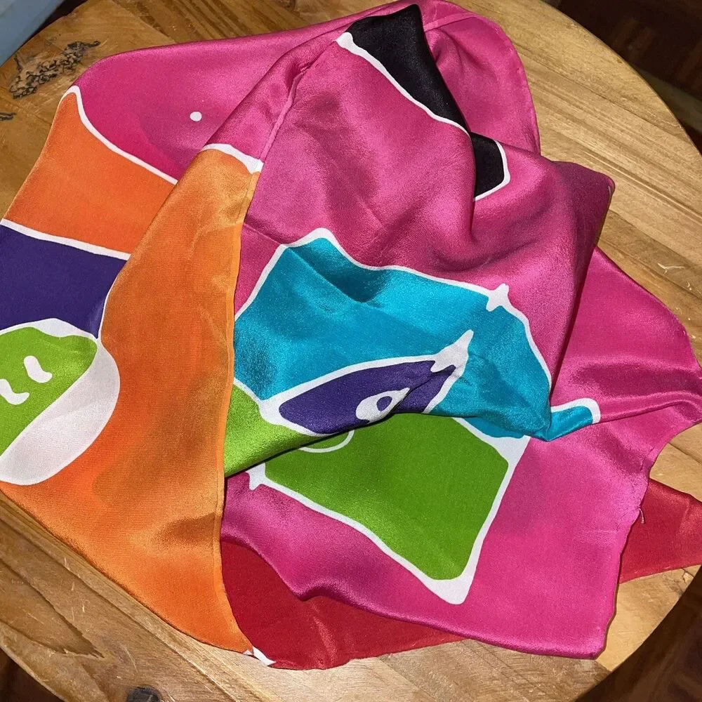 Vtg 80s Artist Signed Abstract Hand Rolled Rectangular Silk Scarf/Hair Wrap